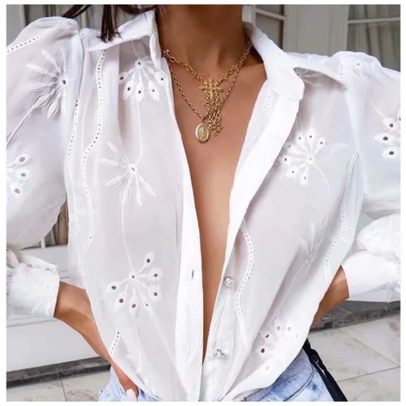 Boho embroidered eyelet button up Blouse White - Picture 7 of 11